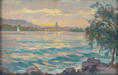 une image d'un tableau représentant un coucher de soleil sur une étendue d'eau