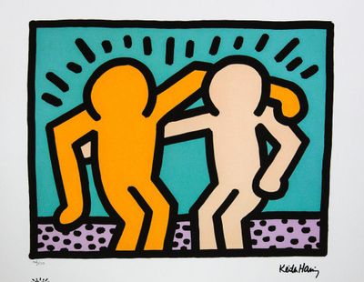 tableau représentant deux personnages se faisant face sur un fond bleu et jaune