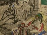 drawing of a group of people sitting around a table in a room