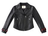 a black leather jacket with colorful trims on the sleeves