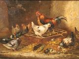 tableau représentant un groupe de poulets et de poules dans une grange