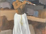 an oil painting of a man holding a flute in front of a building