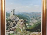 an oil painting of a landscape with a castle in the distance