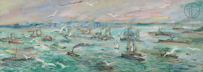un tableau représentant une vaste étendue d'eau sur laquelle naviguent de nombreux bateaux