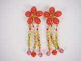 pair of red flower earrings with multi colored beads
