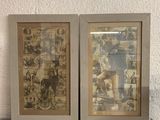 two framed pictures on a wooden table with a lamp