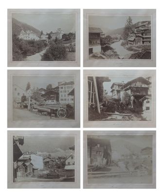 six vieilles photographies en noir et blanc d'une ville où l'on voit une calèche