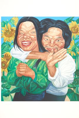 painting of two women hugging each other in front of sunflowers