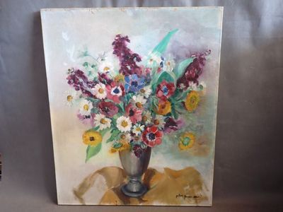 une peinture représentant un vase de fleurs sur une table