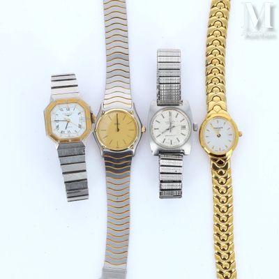 three different watches and a gold watch on a white surface