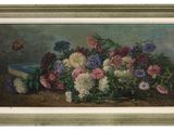 une peinture à l'huile représentant un bouquet de fleurs posé sur une table