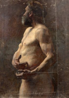 an image of a painting of a man with a beard and no shirt