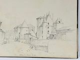 an old drawing of a castle with a clock tower in the middle of it