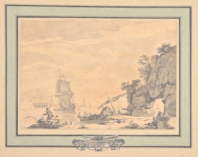 dessin représentant un bateau sur un plan d'eau près d'une rive rocheuse