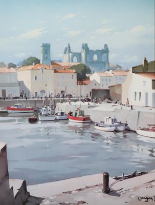 un tableau représentant des bateaux dans un port, avec un château en arrière-plan