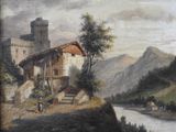 painting of a castle on a hill with a river in the foreground