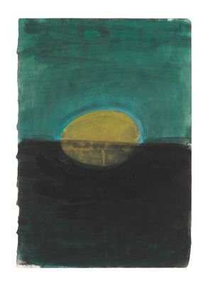 une peinture représentant un soleil vert et jaune sur un fond noir