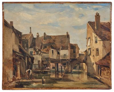 une image représentant un tableau illustrant une scène de rue avec des bâtiments et un cheval