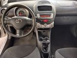 the interior of a small car with a steering wheel and dashboard