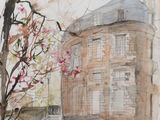 an image of a watercolor painting of a building with a tree in front of it