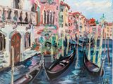 painting of gondolas on a canal in venice, italy