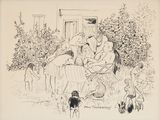 drawing of a group of people sitting in a yard with a dog