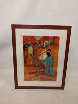 painting of a woman with an umbrella in front of a painting of a man