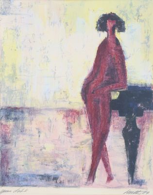 an image of a painting of a woman standing in front of a table