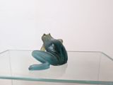 a glass table with a frog sitting on top of it