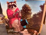 painting of a raccoon in a pink dress with a hat and a cane