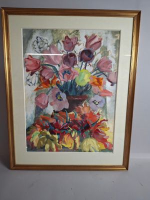 painting of a vase of flowers in a gold frame on a white wall