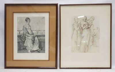 two framed drawings of a woman and a man sitting on a bench