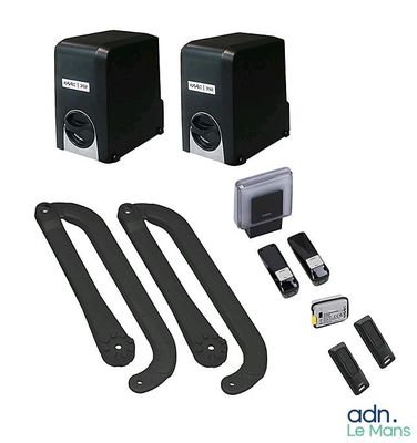 pair of black speakers with remote controls and mountings on a white background
