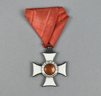 un gros plan d'une médaille entourée d'un ruban rouge