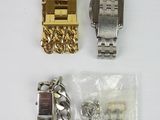 three different types of watches are displayed on a white surface