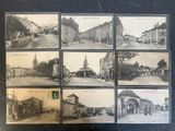 several old black and white photographs of a town with horses and carriages