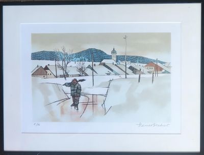 tableau représentant un homme marchant dans la neige, un oiseau dans la main