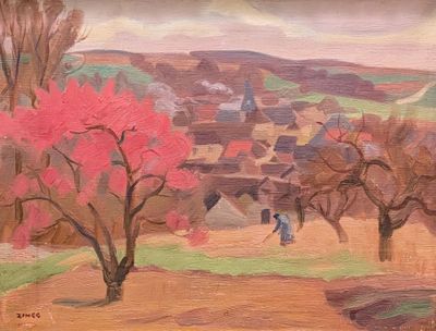 an oil painting of a person walking down a path in a field