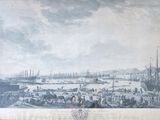 painting of a view of a harbor with ships in the water