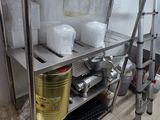 stainless steel shelvings in a commercial kitchen with pots and pans on them