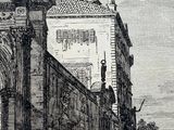 a drawing of a building with a clock on the top of it
