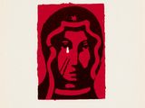 an image of a red and black painting of a woman ' s face