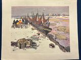 une image d'un tableau représentant un bateau sur la plage