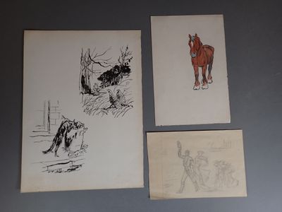 trois dessins représentant un cheval, une vache et une vache, réalisés à la plume et à l'encre