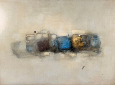 une peinture à l'huile représentant un groupe de tasses à café posées sur une table