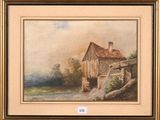 an old painting of a house with a water wheel in front of it
