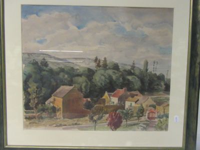 framed painting of a rural scene with houses and trees in the background