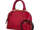 louis vu vu red patent leather handbag with matching wrist strap