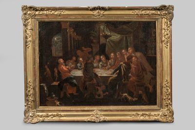 une peinture à l'huile représentant un groupe de personnes assises autour d'une table