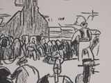 a black and white drawing of a group of people riding horses